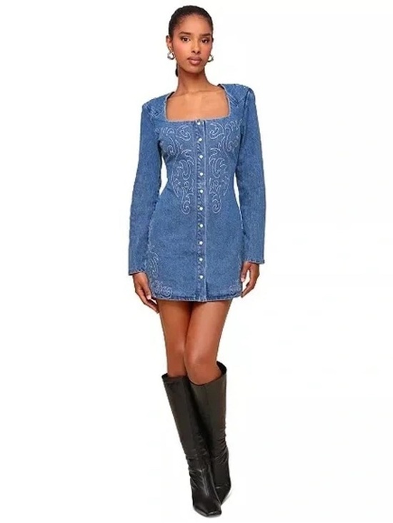 Avec Les Filles Dresses & Skirts - Avec les Filles Denim Rodeo Western Embroidered Pearl Snap Front Mini Dress Sz10